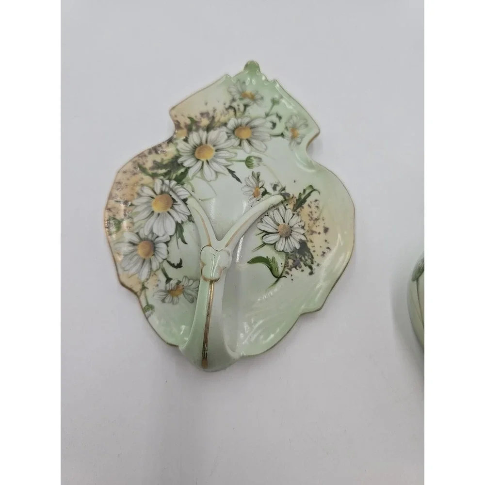 Vintage Limoges China Daisy Trinket Dish Spoon Green Gold Cottagecore Floral 🌼